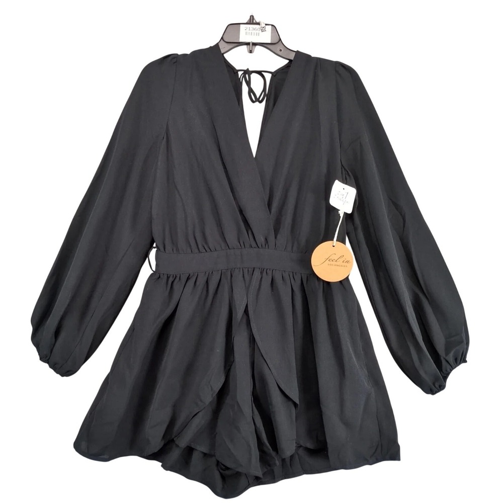 NWT Feel In Los Angeles Black Romper Sz L Long Puff Sleeve V-Neck Tie-Back‎ Chic